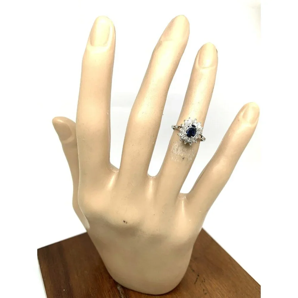 Blue Gemstone Diamond Cocktail Ring 14k White Gold Estate Women's Size 4.75